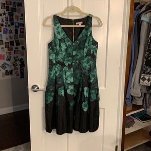Green and Black  fit and flare, floral print,  knee length dress